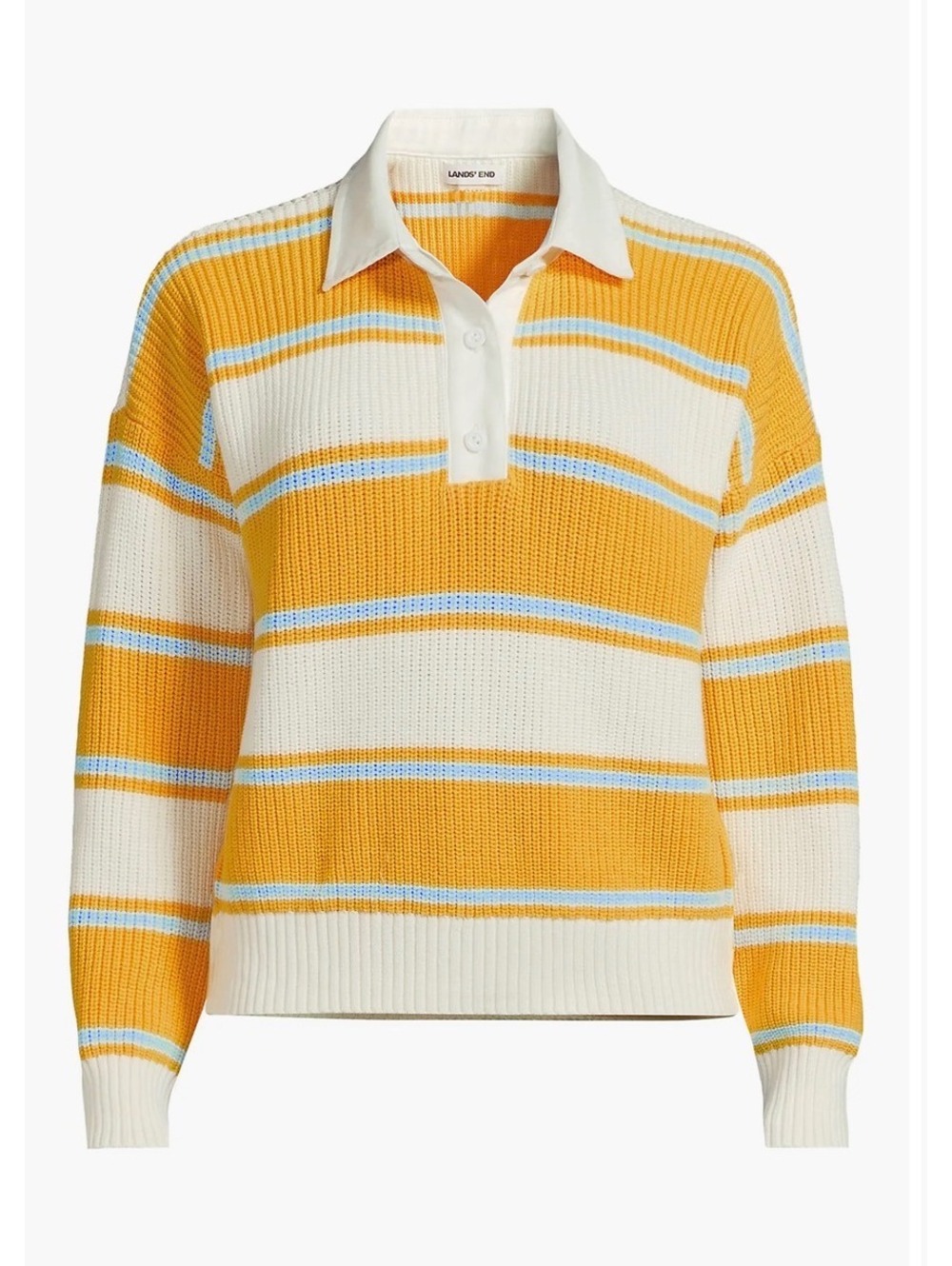Lands End Drifter Rugby Striped 100% Cotton Pullover Sweater Womens Yellow NWT